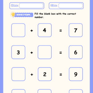 A "Blank Addition" math worksheet for kids featuring four addition problems with missing number boxes and cute animal illustrations in the corners.