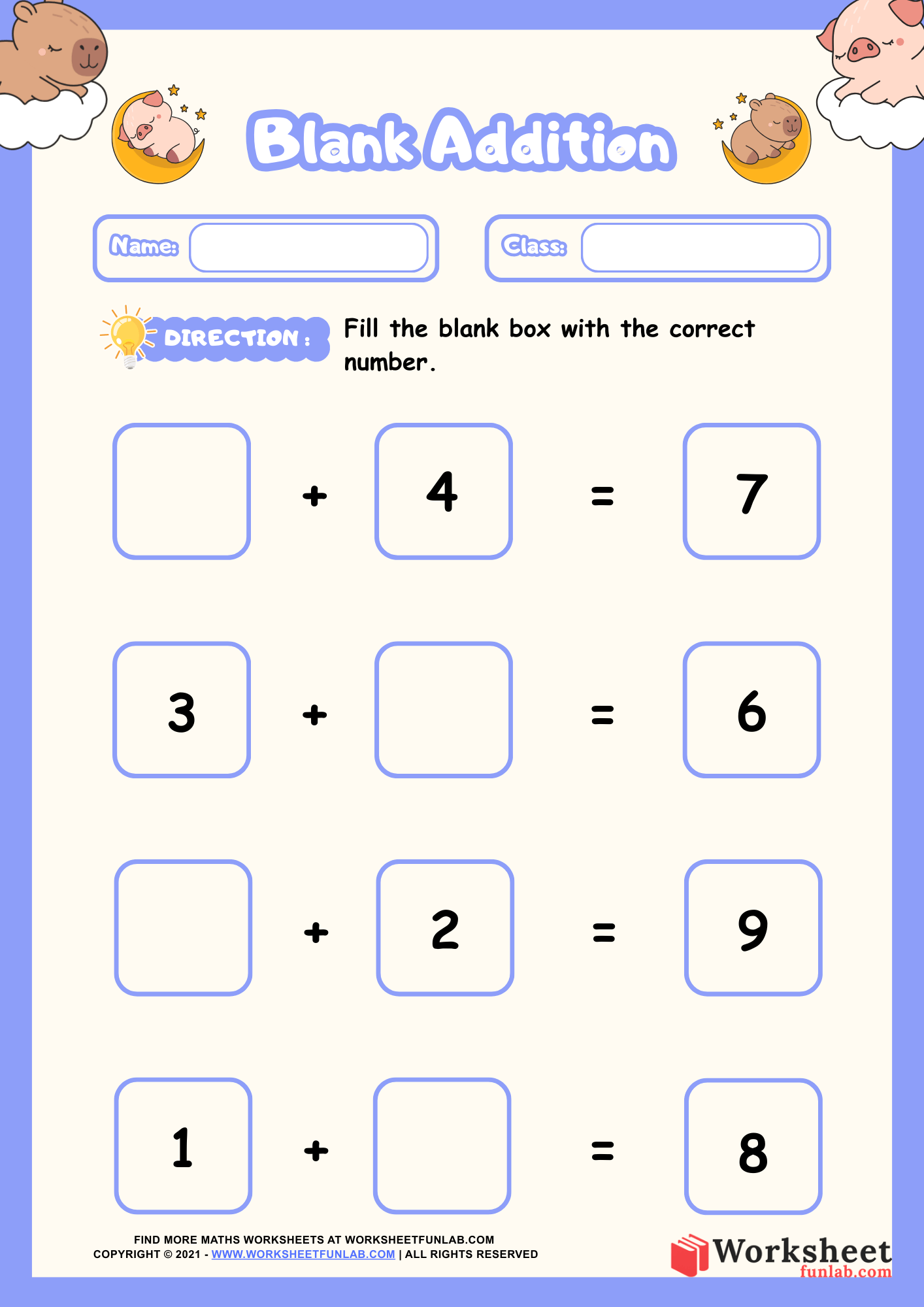 A "Blank Addition" math worksheet for kids featuring four addition problems with missing number boxes and cute animal illustrations in the corners.