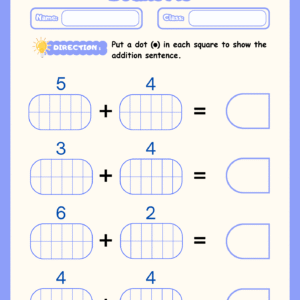 A "Blot a Dot and Double Me" math worksheet featuring four addition problems with accompanying grids for students to mark with dots to solve the equations.