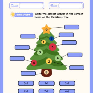 A colorful "Math Christmas Tree" worksheet showing a green tree with numbered ornaments (1-9) and addition equations at the bottom for students to solve and match.