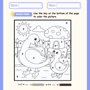 Color by Number math worksheet featuring a black-and-white illustration of ducks in a pond and a mushroom house, with addition-based color keys at the bottom.