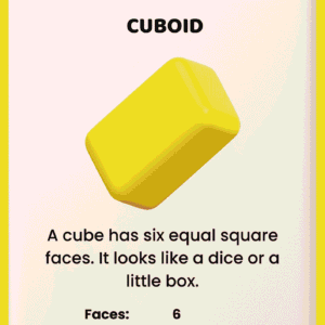 Educational worksheet titled "CUBOID" featuring a yellow 3D cuboid illustration with labels for faces, edges, and corners.