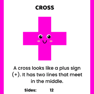 Educational cross shape worksheet for kids featuring a magenta cartoon character with 12 sides and 12 corners.