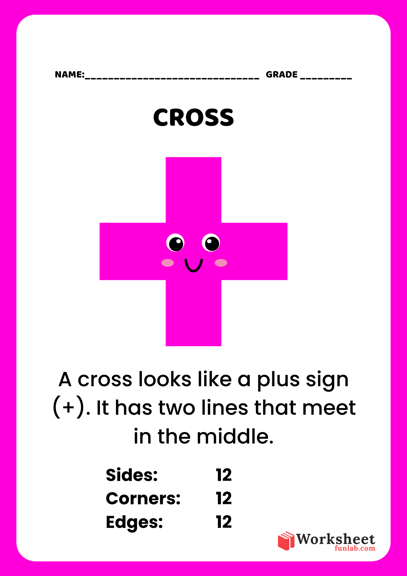 Educational cross shape worksheet for kids featuring a magenta cartoon character with 12 sides and 12 corners.