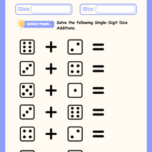 Educational "Dice Addition" worksheet featuring various dice pairings and addition symbols for students to solve.