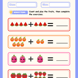 A colorful "Fruit Addition" math worksheet for kids featuring rows of fruit icons to count and add, with spaces to write the final answers.