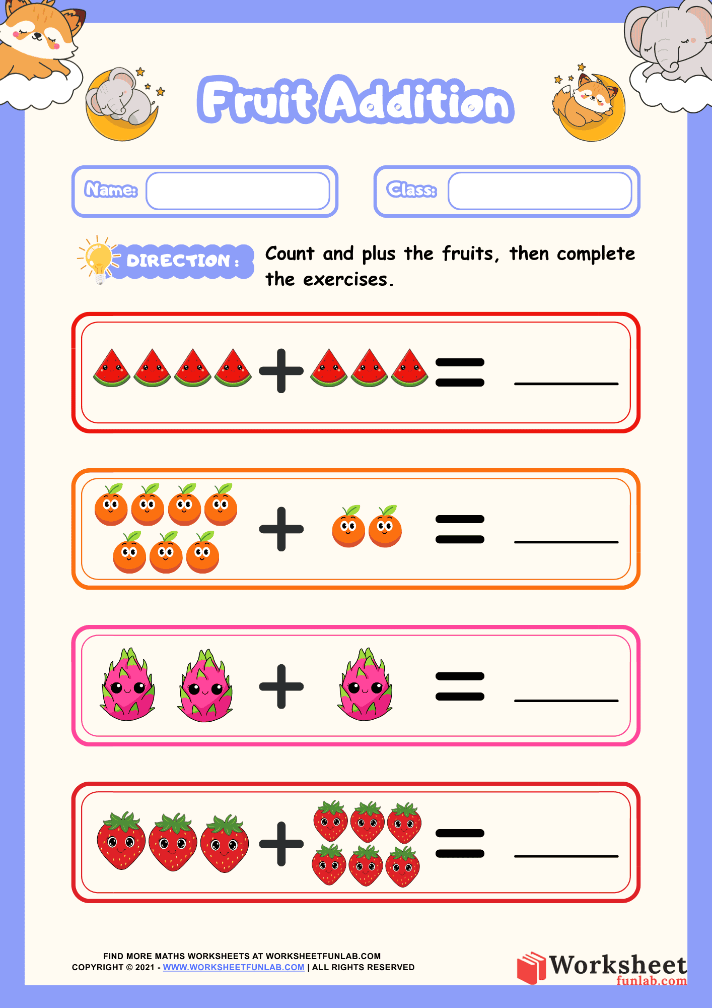 A colorful "Fruit Addition" math worksheet for kids featuring rows of fruit icons to count and add, with spaces to write the final answers.