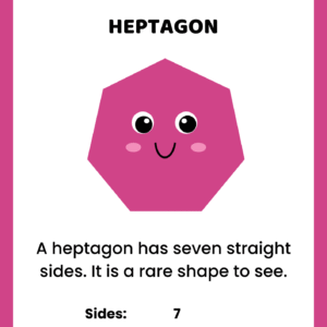 Educational heptagon shape worksheet for kids featuring a magenta cartoon character with 7 straight sides and 7 corners.