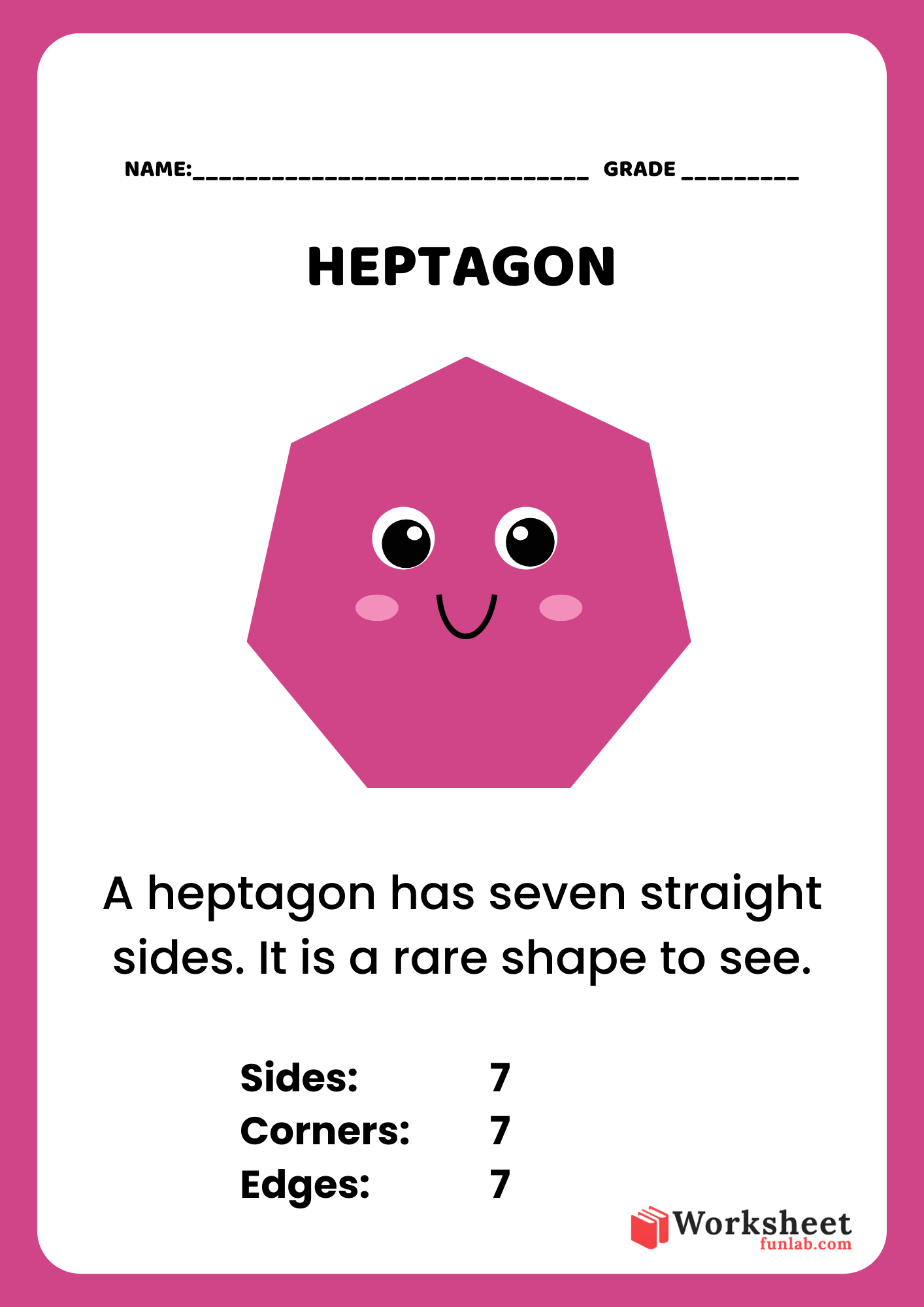 Educational heptagon shape worksheet for kids featuring a magenta cartoon character with 7 straight sides and 7 corners.