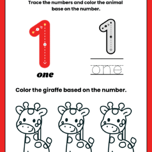 Educational math worksheet for number 1 featuring a large red tracing guide, word tracing for "one," and three giraffes for a coloring exercise.