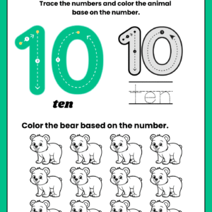 Educational math worksheet for number 10 featuring a large teal tracing guide, word tracing for "ten," and twelve cute bear characters for a counting and coloring activity.