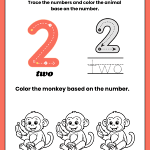 Educational math worksheet for number 2 featuring a large orange tracing guide, word tracing for "two," and three cute monkeys holding bananas for a coloring activity.