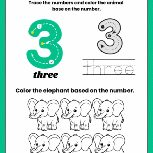 Teach kids to write the number 3 with this fun elephant-themed math worksheet. Includes step-by-step tracing paths and a counting activity for preschoolers.