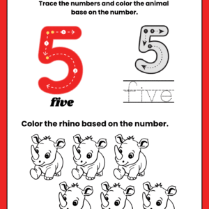Educational math worksheet for number 5 featuring a large red tracing guide, word tracing for "five," and five cute rhino characters for a counting and coloring activity.