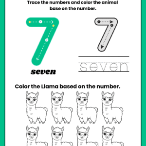 Educational math worksheet for number 7 featuring a large green tracing guide, word tracing for "seven," and eight adorable llama characters for a counting and coloring activity.
