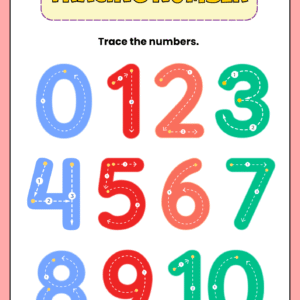 Educational math worksheet for kids featuring colorful numbers 0 to 10 with guided tracing lines and directional arrows.