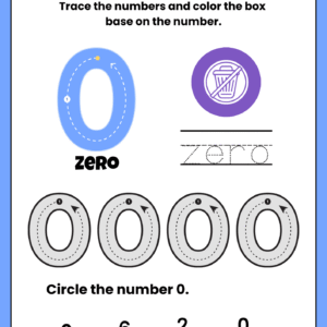 Educational math worksheet for kids featuring a large number 0 with guided tracing lines, word tracing, and a number identification game.