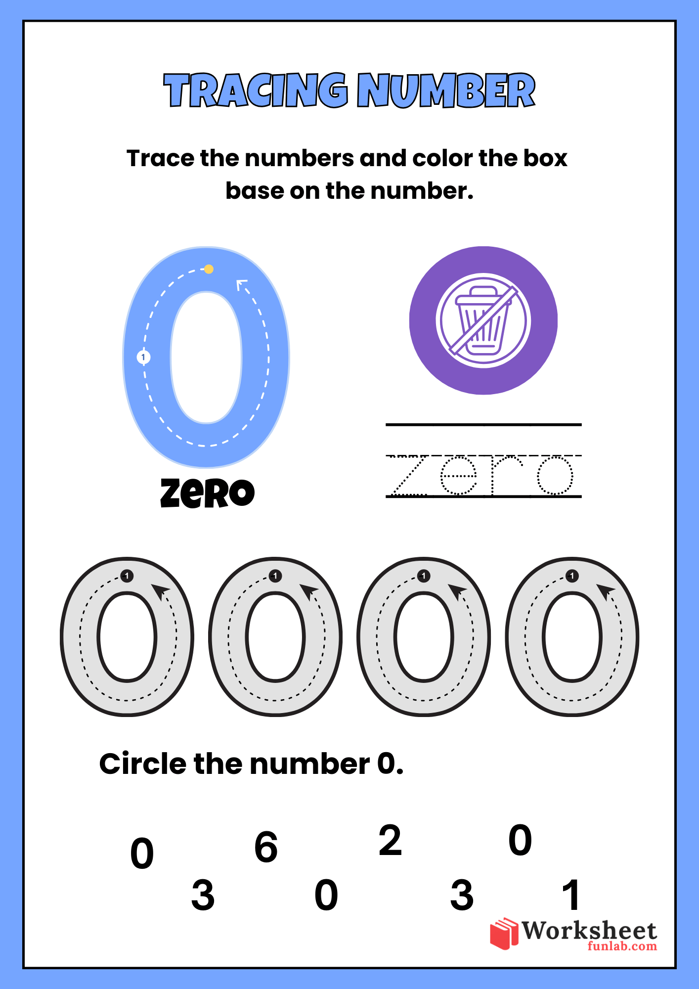 Educational math worksheet for kids featuring a large number 0 with guided tracing lines, word tracing, and a number identification game.