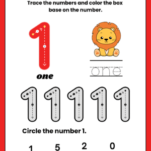 Educational math worksheet for kids featuring a large number 1 with guided tracing lines, word tracing, a lion illustration, and a number identification game.
