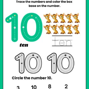 Educational math worksheet for kids featuring a large number 10 with guided tracing lines, word tracing, number ten illustrations, and a number identification game.