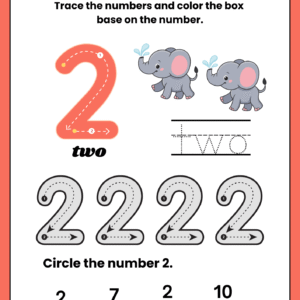 Educational math worksheet for kids featuring a large number 2 with guided tracing lines, word tracing, elephant illustrations, and a number identification game.