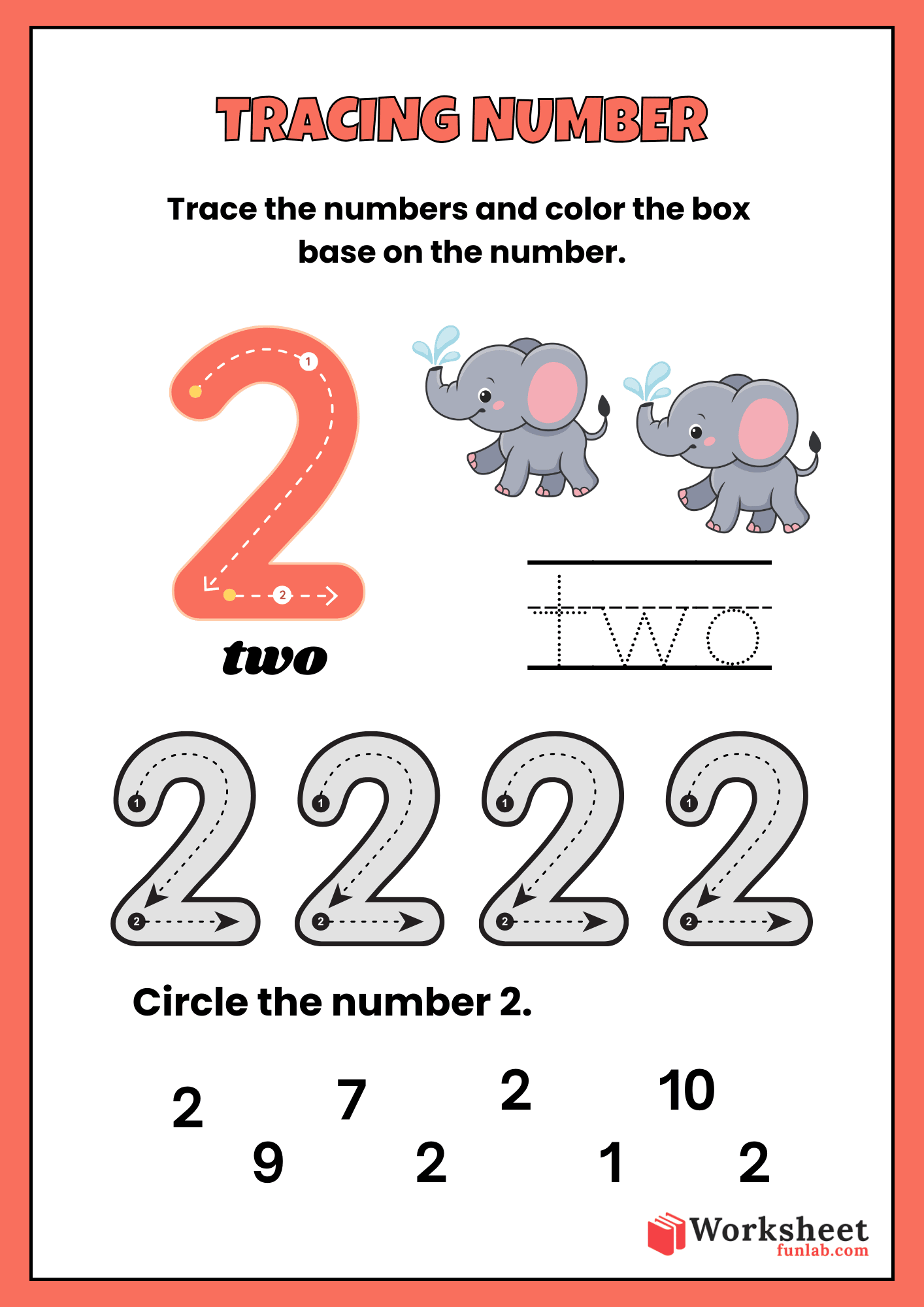 Educational math worksheet for kids featuring a large number 2 with guided tracing lines, word tracing, elephant illustrations, and a number identification game.