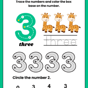Educational math worksheet for kids featuring a large number 3 with guided tracing lines, word tracing, giraffe illustrations, and a number identification game.
