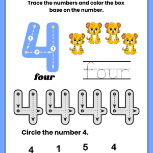Educational math worksheet for kids featuring a large number 4 with guided tracing lines, word tracing, tiger illustrations, and a number identification game.