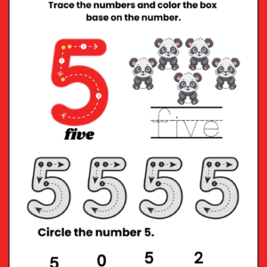 Educational math worksheet for kids featuring a large number 5 with guided tracing lines, word tracing, panda illustrations, and a number identification game.