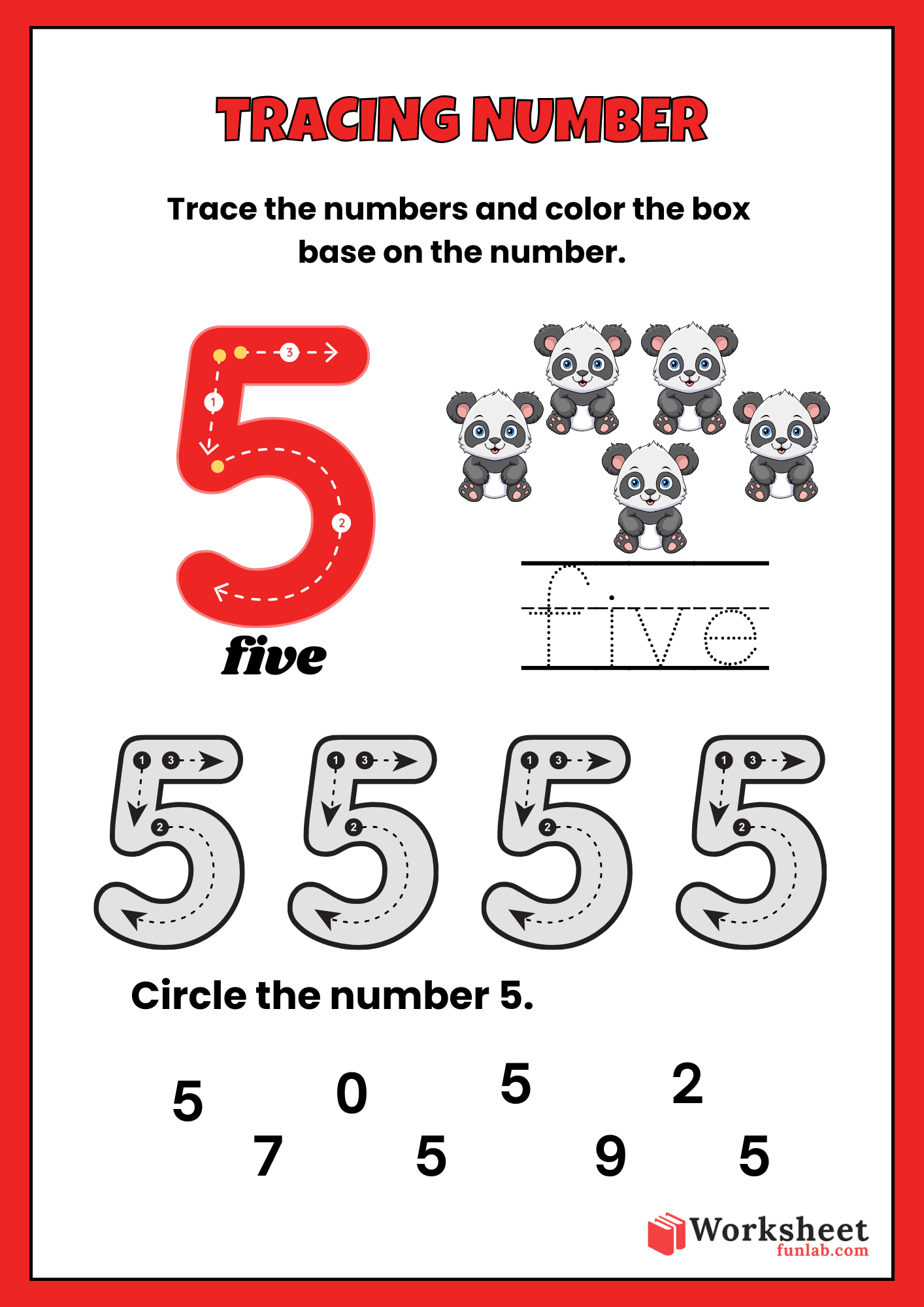 Educational math worksheet for kids featuring a large number 5 with guided tracing lines, word tracing, panda illustrations, and a number identification game.
