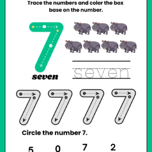 Trace number seven, printable math for kids, early numerical literacy, kindergarten number practice.