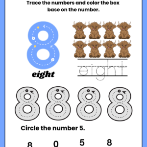 Educational math worksheet for kids featuring a large number 8 with guided tracing lines, word tracing, eight yak illustrations, and a number identification game.