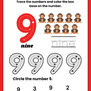 Educational math worksheet for kids featuring a large number 9 with guided tracing lines, word tracing, number nine illustrations, and a number identification game.