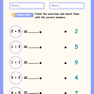 A colorful "Matching Addition" worksheet with five addition problems on the left and a column of corresponding answers (2, 5, 9, 4, 7) on the right.