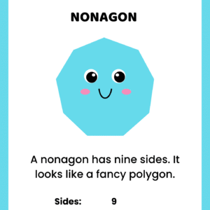 Educational nonagon shape worksheet for kids featuring a light-blue cartoon character with 9 straight sides and 9 corners.