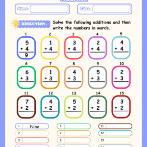 A "Number in Words Addition" worksheet featuring 15 colorful boxes with addition problems and a section at the bottom for writing out the answers as words like "Nine".