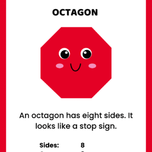 Educational octagon shape worksheet for kids featuring a red cartoon character that looks like a stop sign with 8 sides.