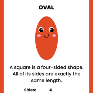 Educational oval shape worksheet for kids featuring an orange cartoon oval character with 1 curved side and 0 corners.