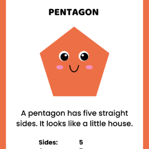 Educational pentagon shape worksheet for kids featuring an orange cartoon pentagon character with 5 sides and 5 corners.