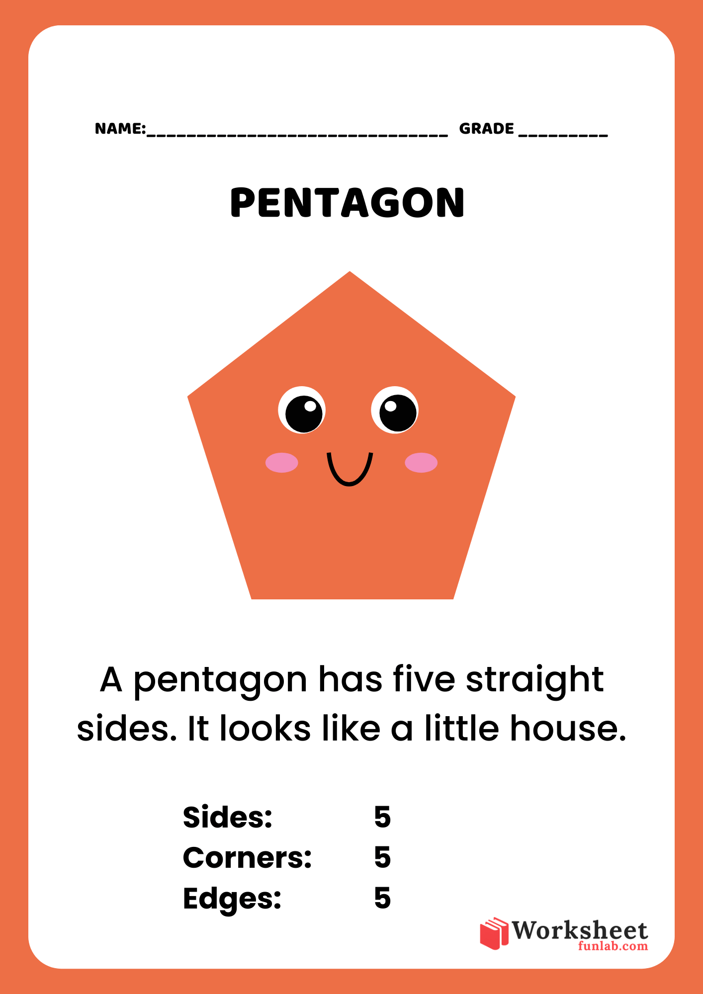 Educational pentagon shape worksheet for kids featuring an orange cartoon pentagon character with 5 sides and 5 corners.