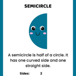 Educational semicircle shape worksheet for kids featuring a teal cartoon character with one curved side and one straight side