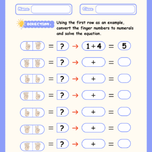 Finger Math worksheet showing hand gestures that students must convert into numeric addition equations and solve.