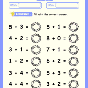 An educational math worksheet titled "One Digit Addition with Sun" featuring two columns of addition problems with sun icons for students to write the correct answers.