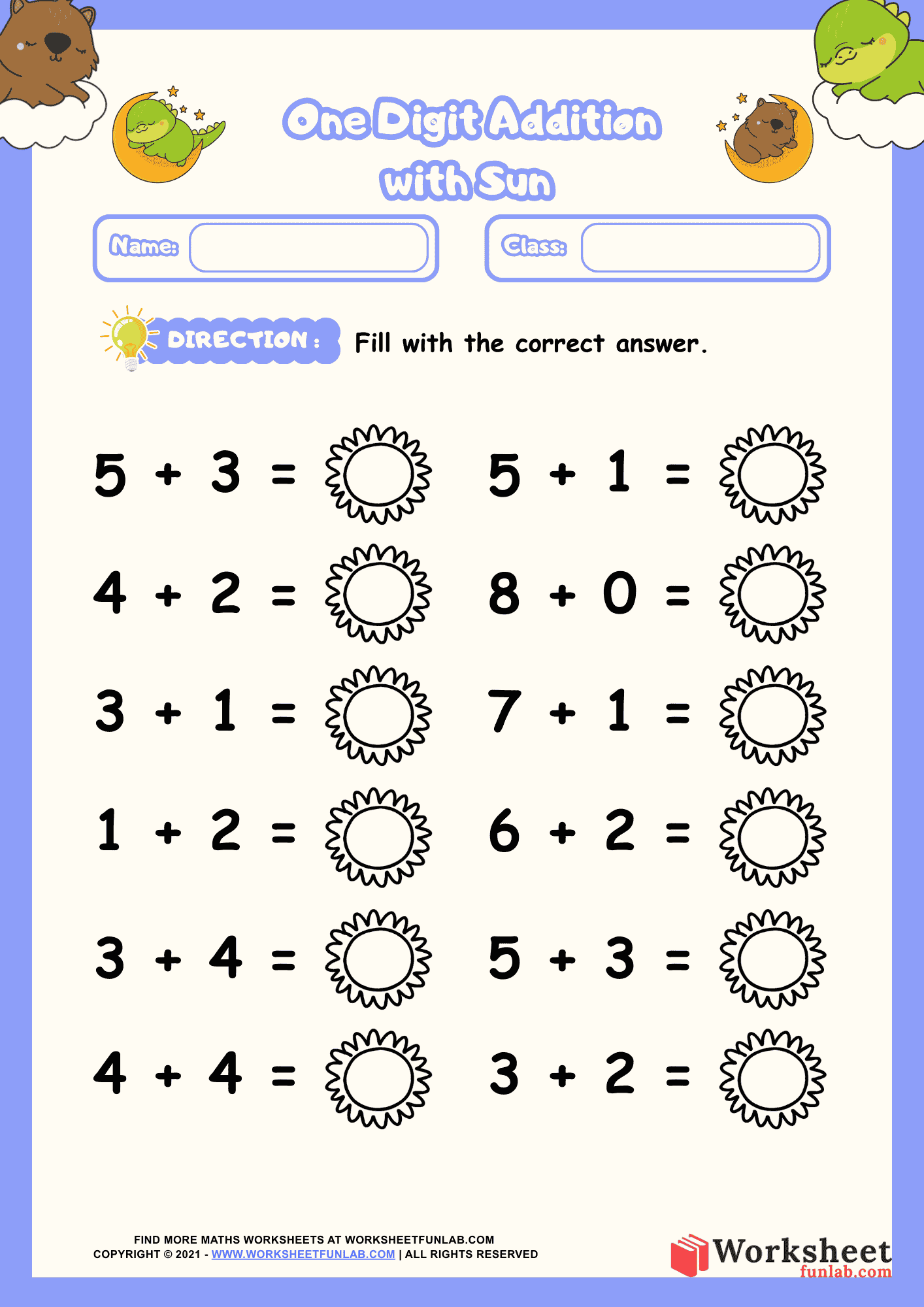An educational math worksheet titled "One Digit Addition with Sun" featuring two columns of addition problems with sun icons for students to write the correct answers.