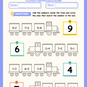 Educational math worksheet for kids titled "Link the Facts, Lock the Answer!" featuring illustrated trains with addition problems like 4+2 and 7+2.