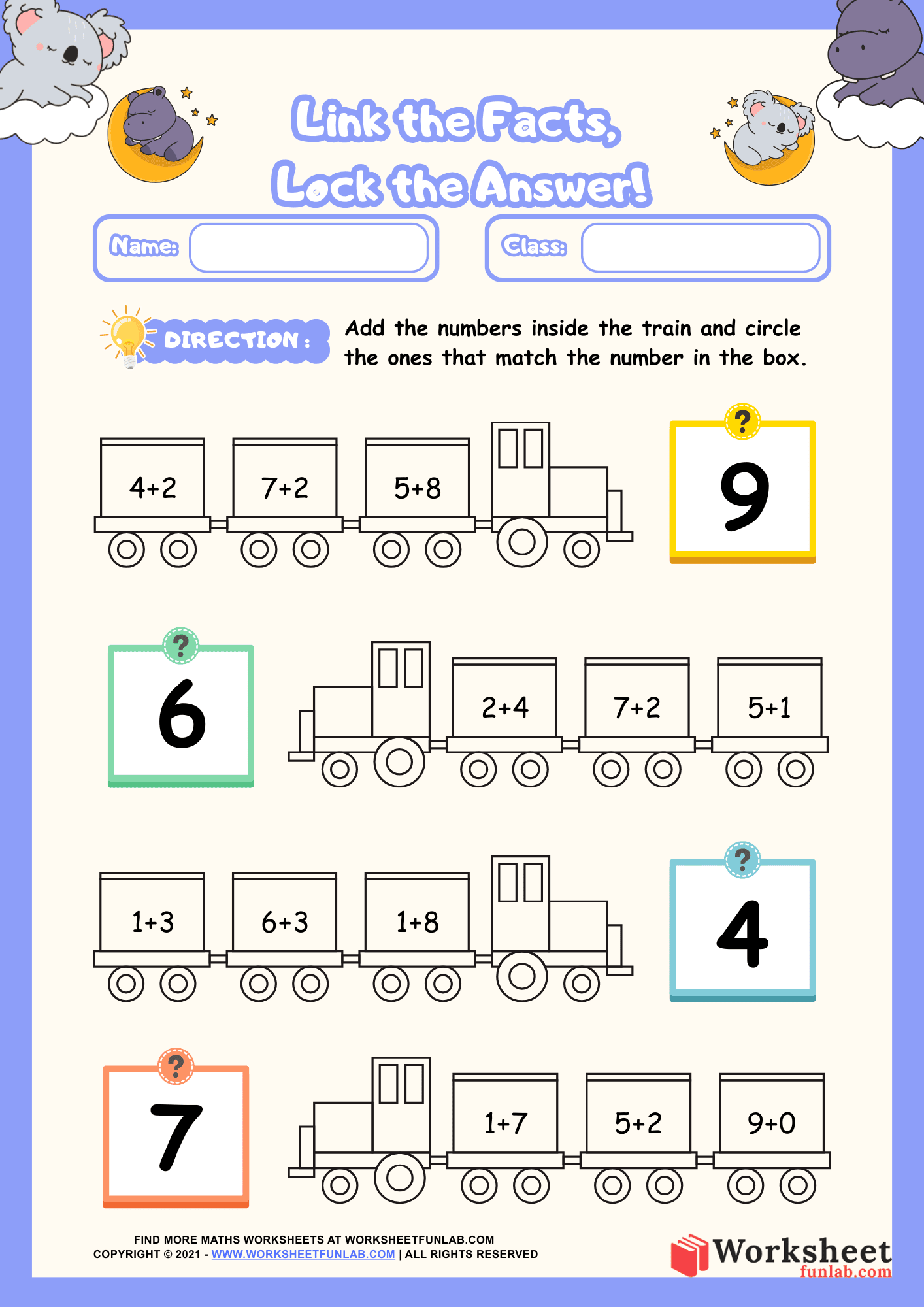 Educational math worksheet for kids titled "Link the Facts, Lock the Answer!" featuring illustrated trains with addition problems like 4+2 and 7+2.
