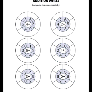 An Addition Wheel Math Worksheet featuring six different math wheels with central hub numbers and empty outer segments for children to complete mentally.