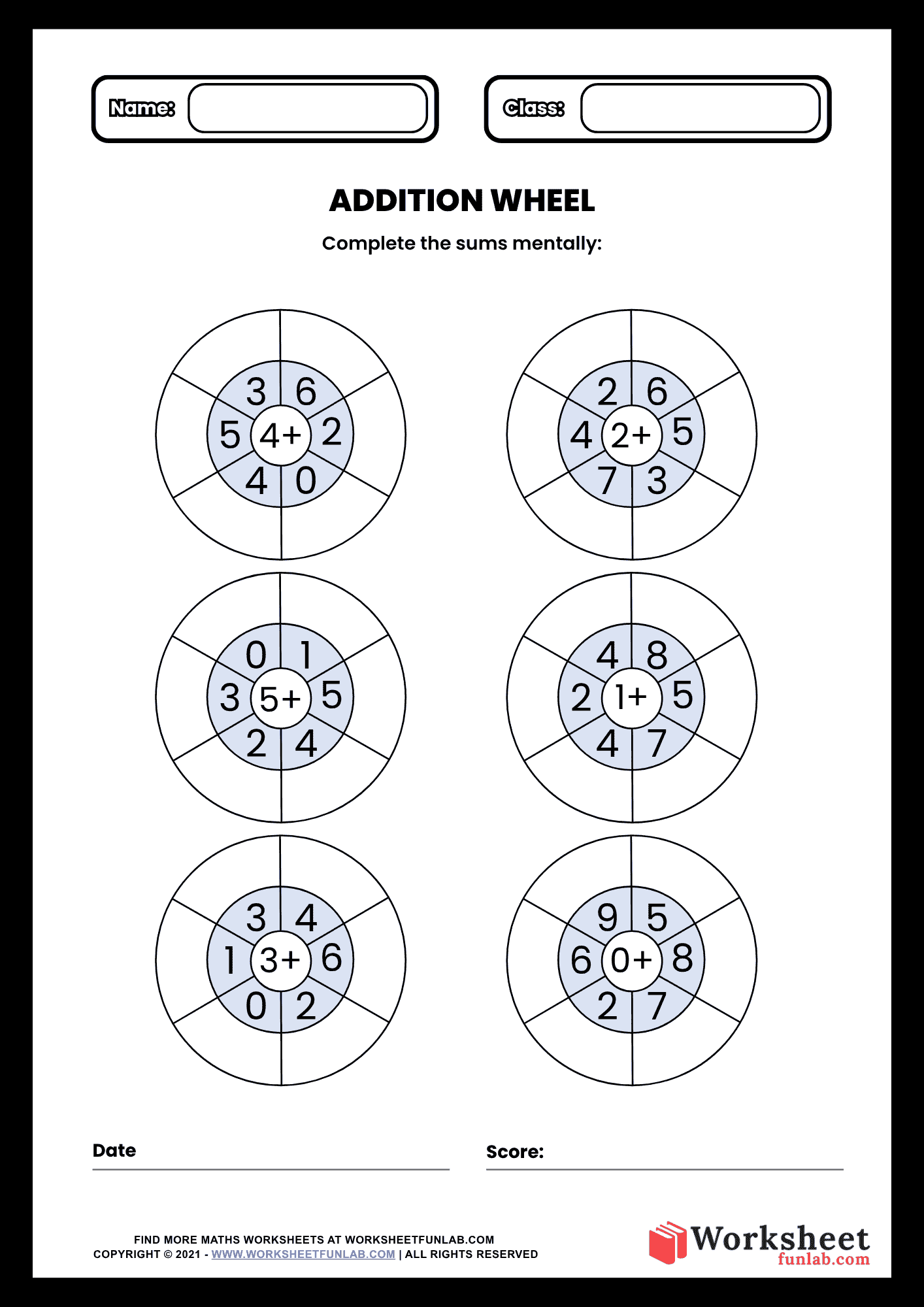 An Addition Wheel Math Worksheet featuring six different math wheels with central hub numbers and empty outer segments for children to complete mentally.