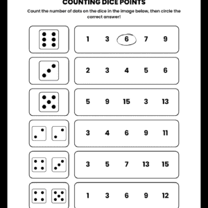 A Counting Dice Points Worksheet showing dice on the left and a row of numbers on the right for kids to circle.