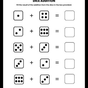 A clean Dice Addition Math Kindergarten Worksheet featuring five rows of dice addition problems and empty boxes for children to write their answers.